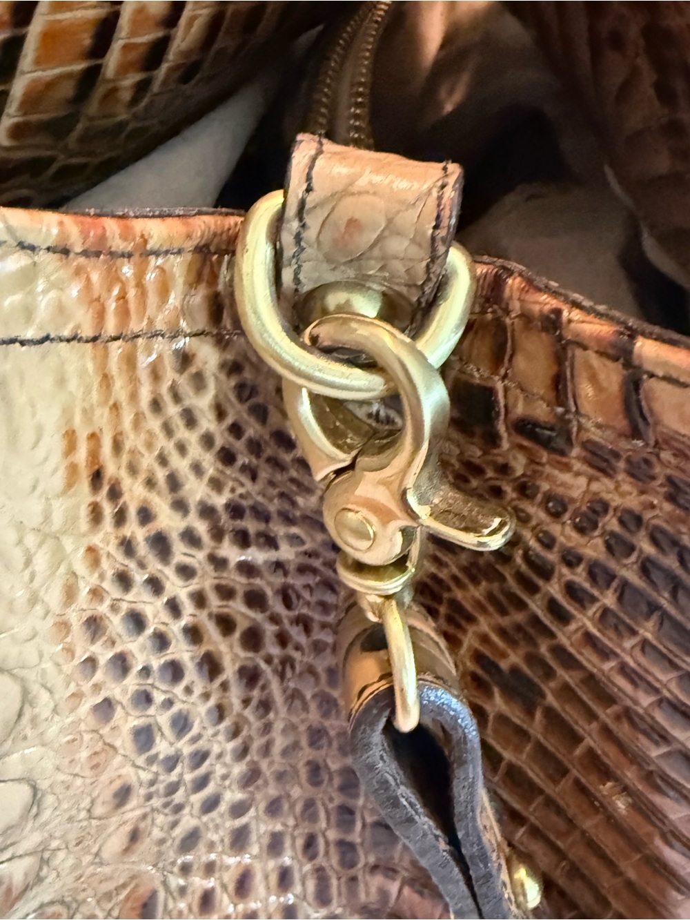 Brahmin Croc-Embossed Shoulder Bag in Tan with Gold Hardware - Picture 9 of 15